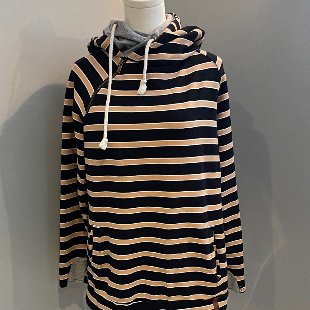 AMPERSAND AVE Black and Tan Striped Hoodie
